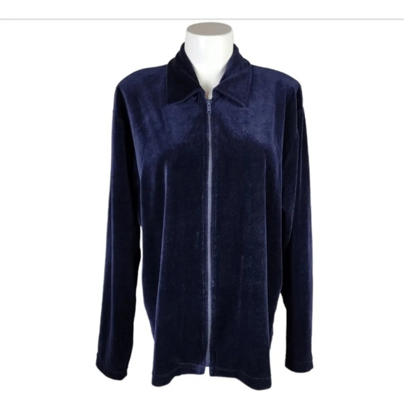 Vintage 80s Club  Monaco Velour Zip Front Track Jacket Navy Blue Size Large - Picture 1 of 8